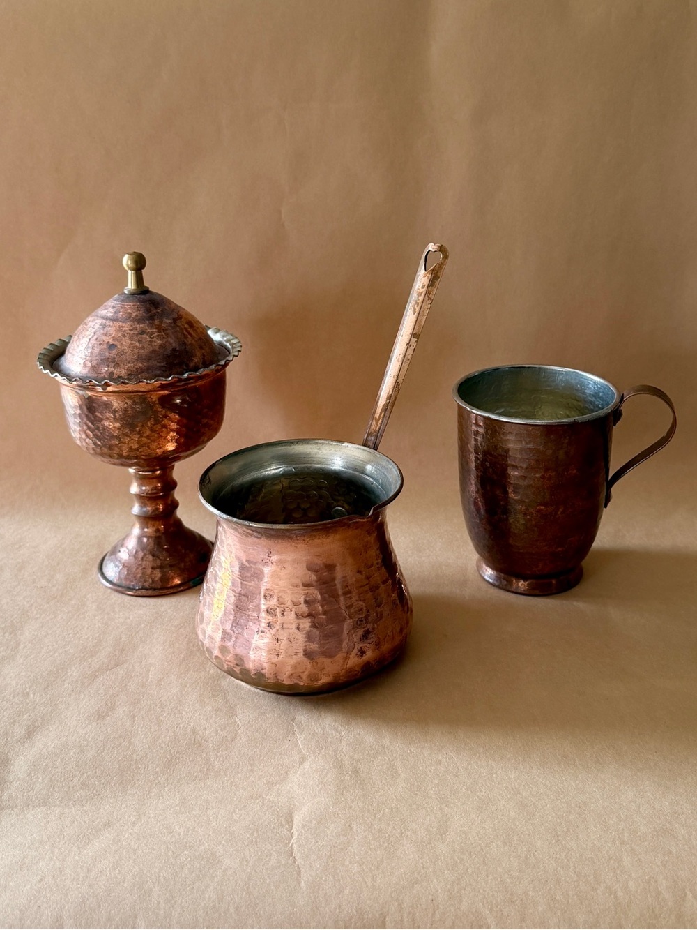Hammered Copper Serving Set, Lidded Pot, Mug, Spoon, Vintage